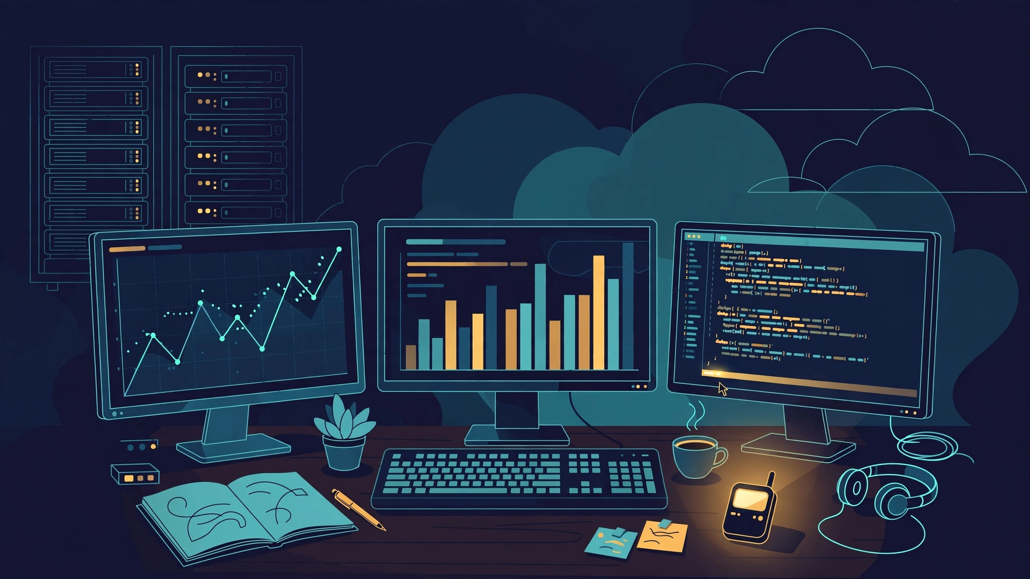 Editorial illustration of an SRE desk at night with monitors showing dashboards and code, server racks, clouds, and a glowing pager