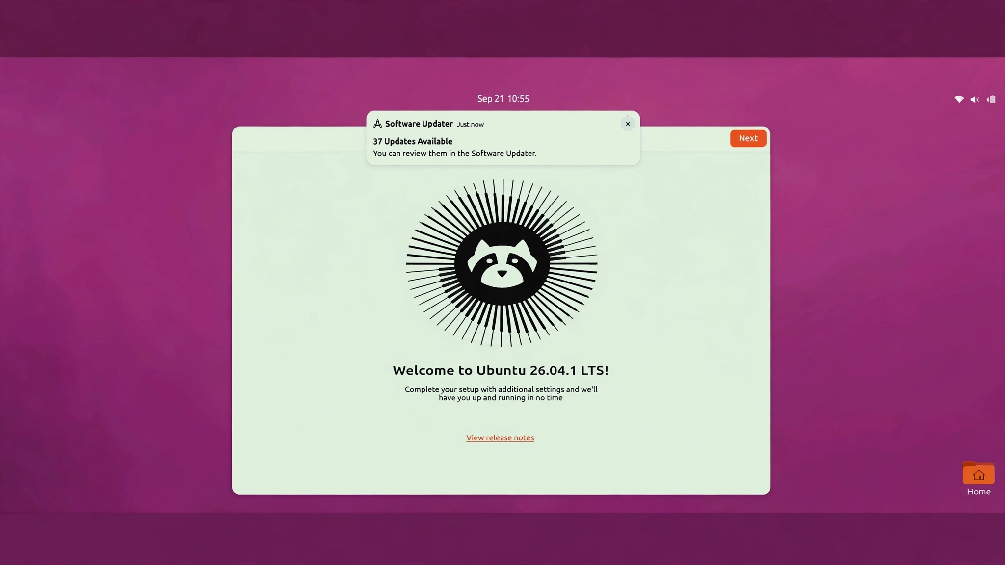 Ubuntu 26.04.1 LTS welcome screen on the Lenovo Yoga 720